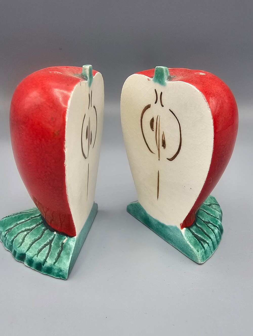 Vintage Ceramic Apple Salt and Pepper Shakers with Leaf Base